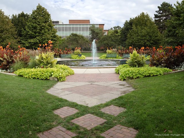 Pathway leading to a fountain on Michigan State University's campus