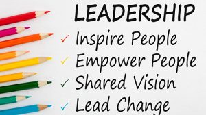 leadership graphic with color pencils and the words Inspire People, Empower People, Shared Vision, Lead Change